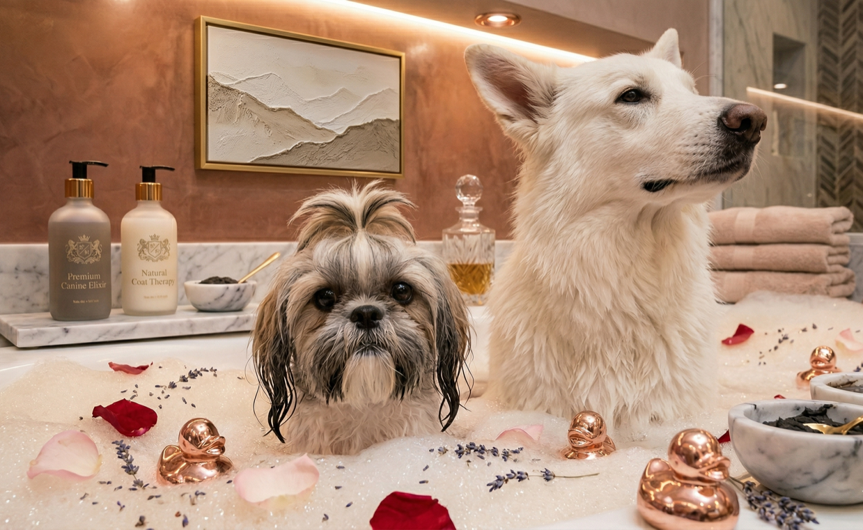 Alfie and Tara in a luxury grooming spa