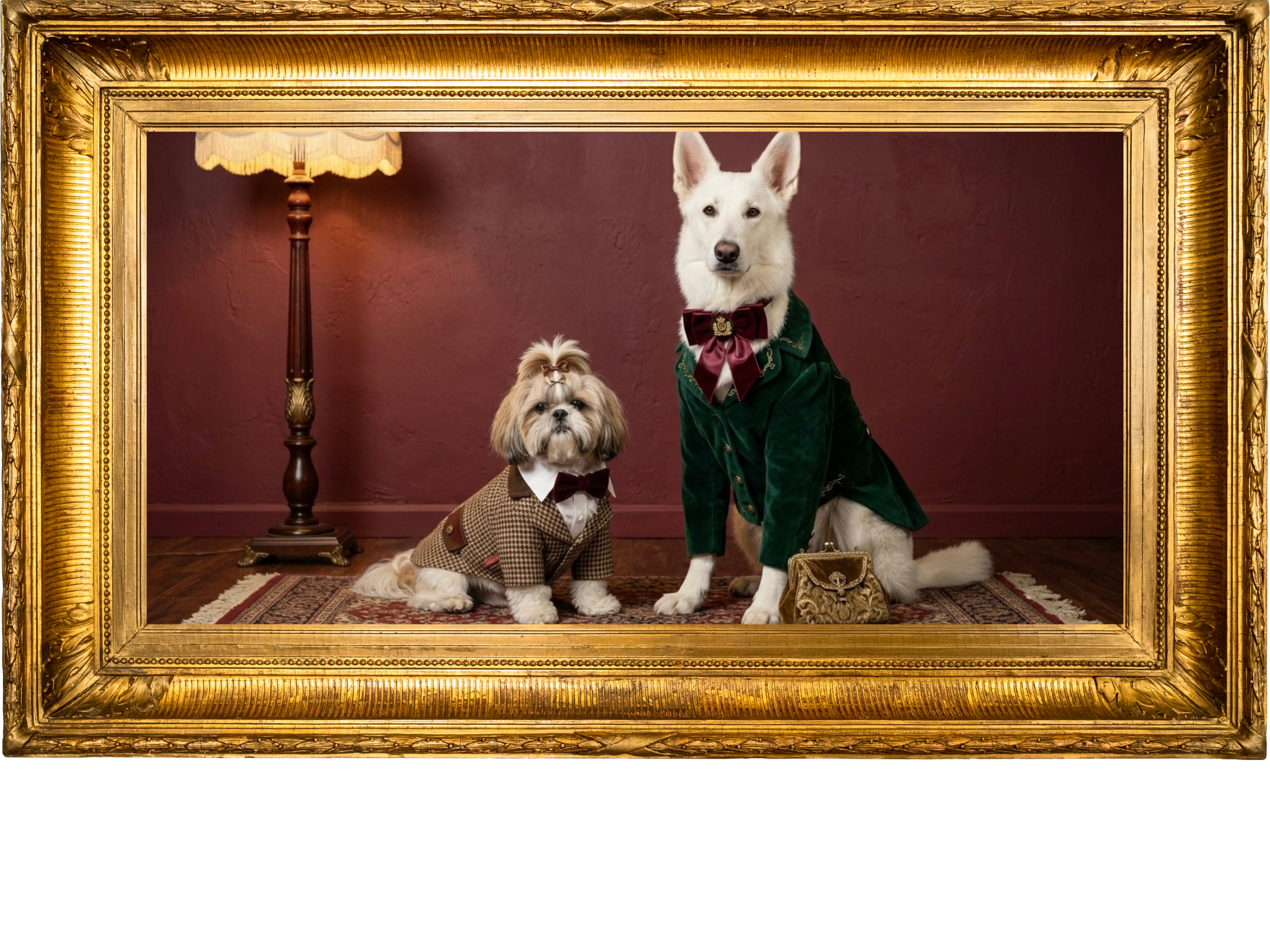 Alfie the Shih Tzu and Tara the White German Shepherd in royal attire, in a golden frame
